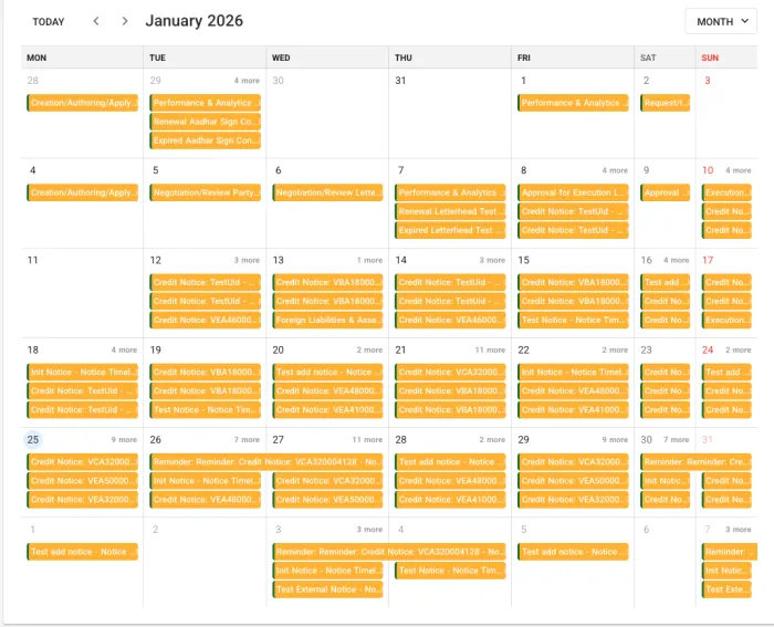 Monthly calendar showing scheduled tasks and deadlines